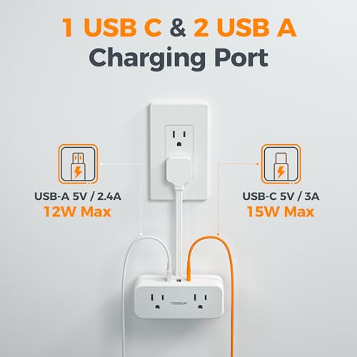 TESSAN Short Extension Cord 0.5Ft, Flat Plug Outlet Extender Surge Protector with 4 Widely AC with 3 USB Ports (1 USB C), Multi Plug Small Power Strip for Travel, Home Office College Dorm Essentials - Image 5
