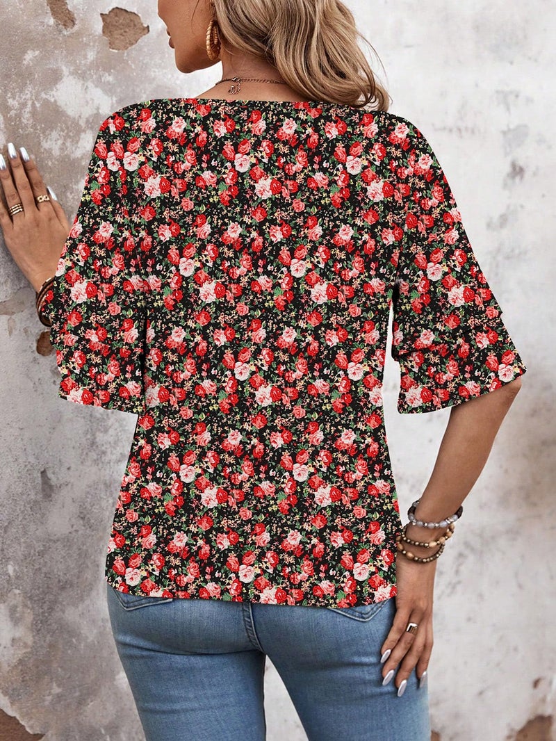 FUNBANG V Neck Tees Womens Fashion Tops Ruffle T Shirts Short Sleeve Double Tiered Half Bell Floral Graphic Blouse 2026 Casual Beach Vacation Summer Spring Outfits Clothes,Floral Red White,S - Image 2