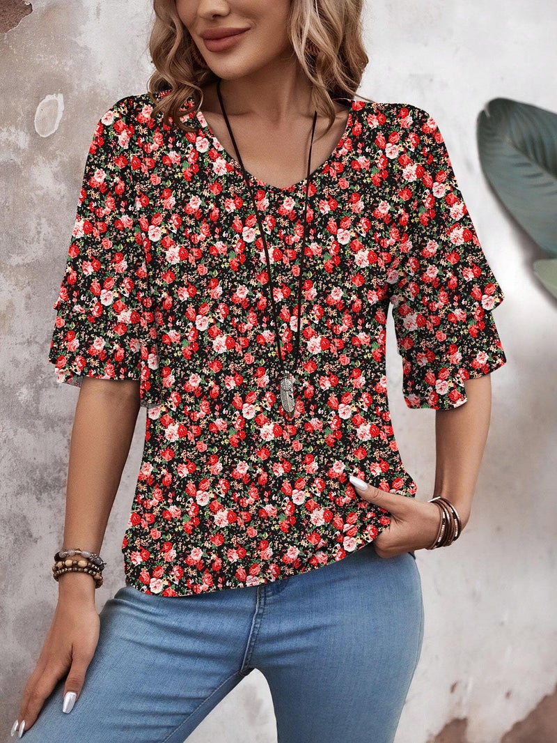 FUNBANG V Neck Tees Womens Fashion Tops Ruffle T Shirts Short Sleeve Double Tiered Half Bell Floral Graphic Blouse 2026 Casual Beach Vacation Summer Spring Outfits Clothes,Floral Red White,S - Image 4