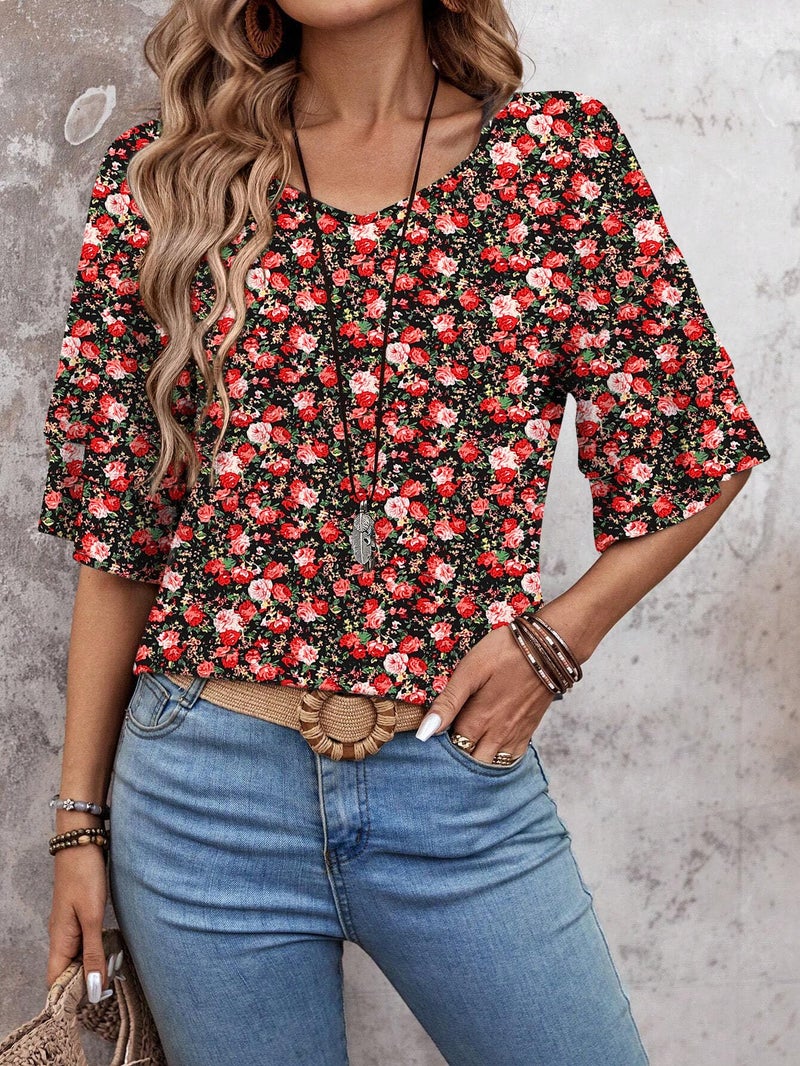 FUNBANG V Neck Tees Womens Fashion Tops Ruffle T Shirts Short Sleeve Double Tiered Half Bell Floral Graphic Blouse 2026 Casual Beach Vacation Summer Spring Outfits Clothes,Floral Red White,S - Image 5