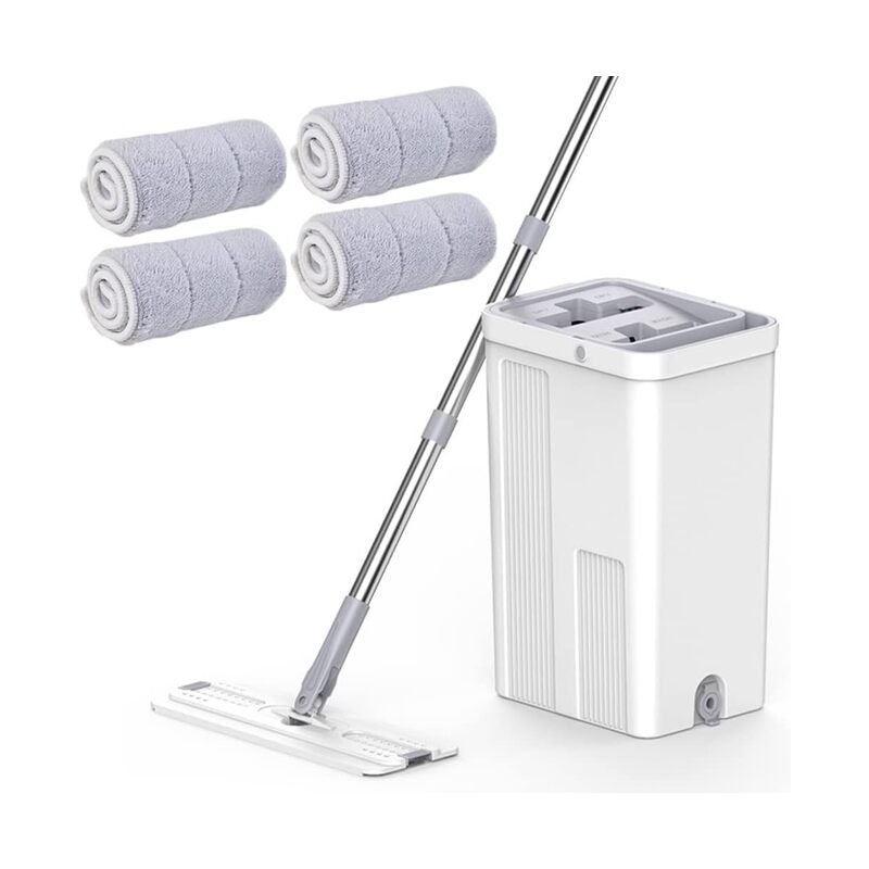 Mop and Bucket Set with Four Wet and Dry Microfiber Cleaning Pads, Perfect for Home Floor Cleaning Systems on All Floor Types and Windows (White) - Image 1