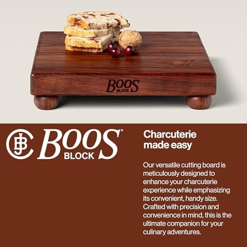 John Boos B Series Square Wooden Walnut Cutting Board 12”x12” – 1.5” Thick, 5-lb Non-Reversible Butcher Block with Wood Bun Feet & Edge-Grain - Image 5
