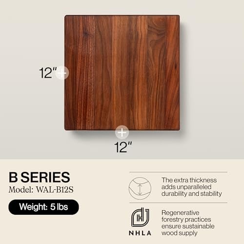 John Boos B Series Square Wooden Walnut Cutting Board 12”x12” – 1.5” Thick, 5-lb Non-Reversible Butcher Block with Wood Bun Feet & Edge-Grain - Image 2