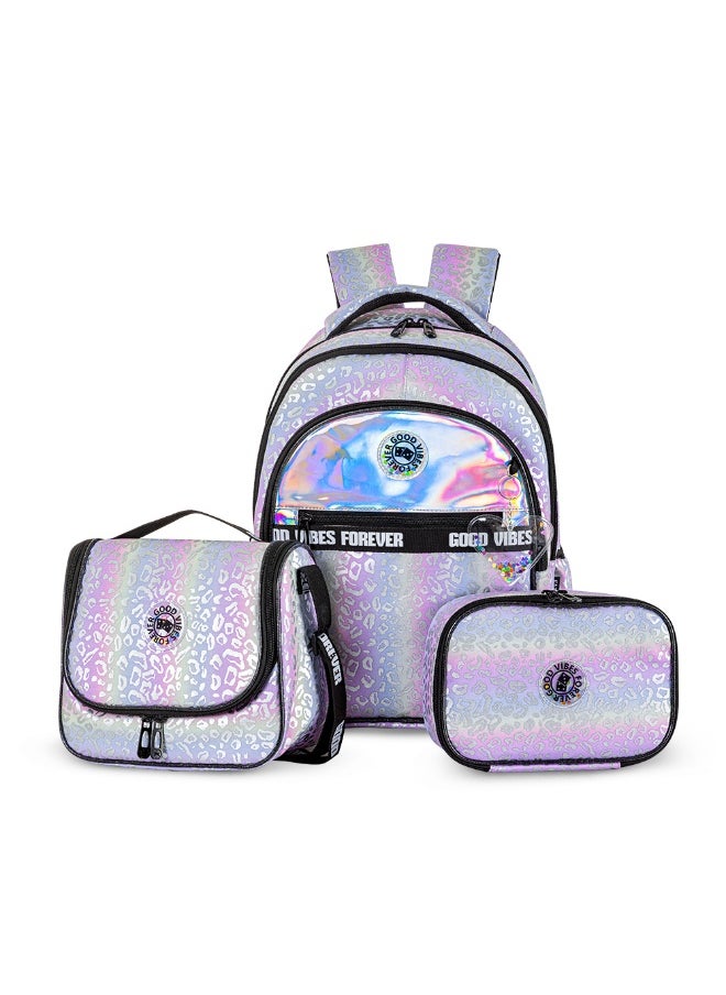 Eazy Kids Eazy Kids 17" School Bag Set of 3 w/ Lunch Bag and Pencil Case - Good Vibes - Silver  - Image 1