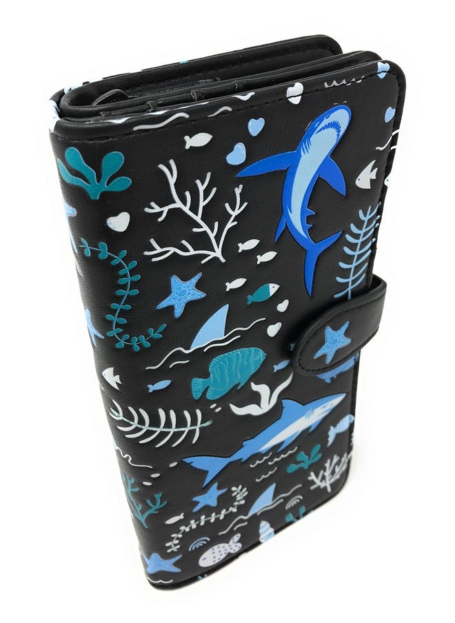 Shag Wear Large Shark Pattern Women'S Bifold Wallet Black Vegan Leather 7 …  - Image 1