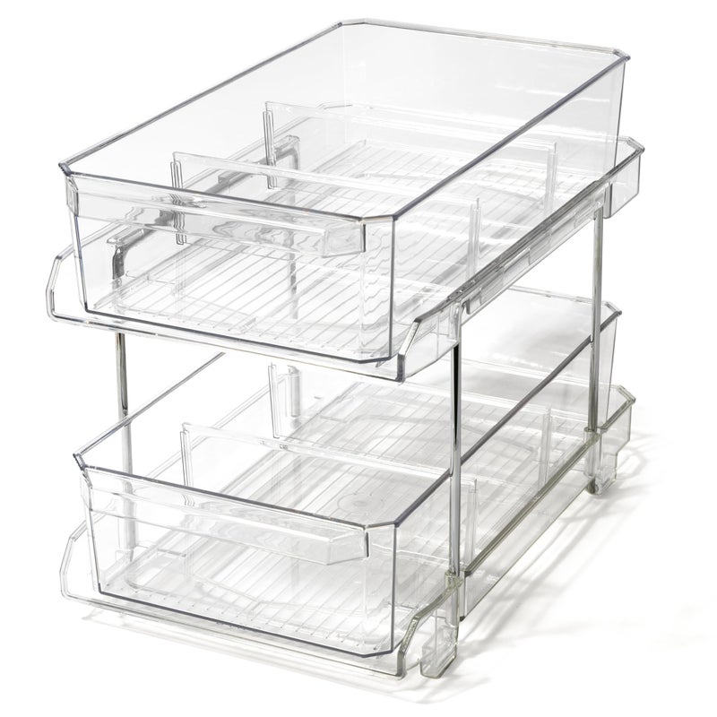 BINO 2 Tier Clear Storage Organizer with Dividers Slide Out Drawer for Under Sink or Medicine Cabinet Bathroom Closet Vanity Pantry Organizer Under Cabinet Storage for Bathroom and Kitchen