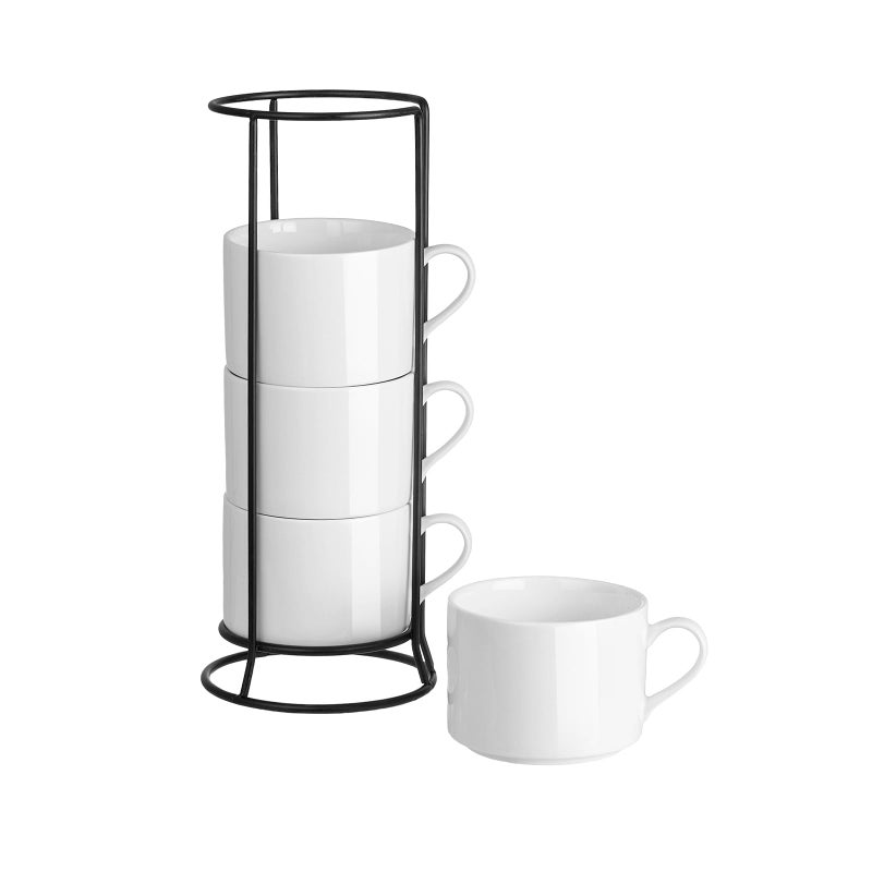 Meichu 10oz Stackable Coffee Mugs Set of 4 with Stand, White Ceramic Coffee Cups Set for Cappuccino, Latte, Tea, Milk, Housewarming Gift - Image 1