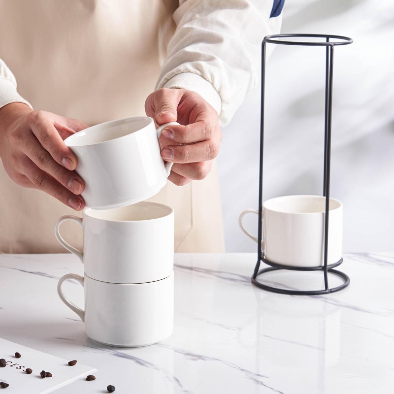 Meichu 10oz Stackable Coffee Mugs Set of 4 with Stand, White Ceramic Coffee Cups Set for Cappuccino, Latte, Tea, Milk, Housewarming Gift - Image 5