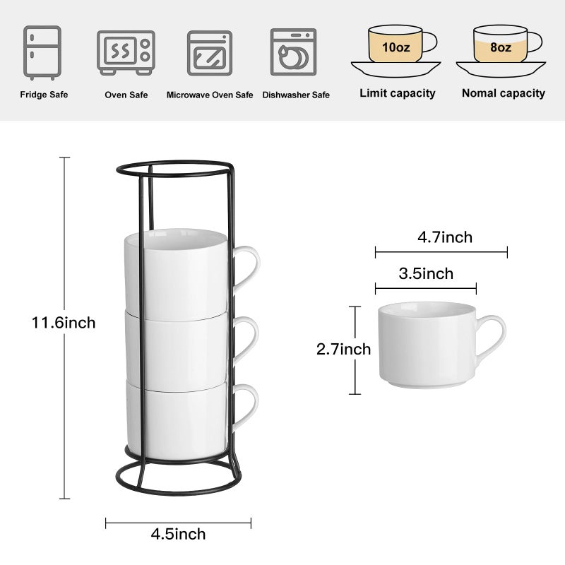Meichu 10oz Stackable Coffee Mugs Set of 4 with Stand, White Ceramic Coffee Cups Set for Cappuccino, Latte, Tea, Milk, Housewarming Gift - Image 2