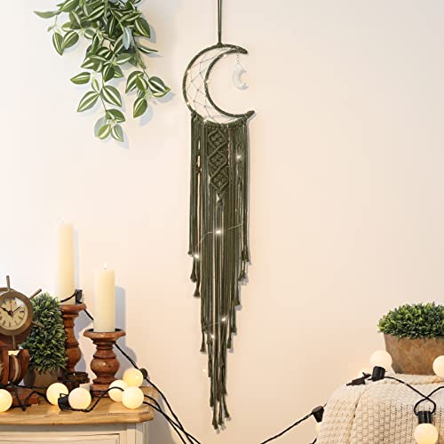 ANROYE Boho Macrame Woven Wall Hanging for Kids Crochet Crescent Moon Star Dream Catcher with Long Tasselt Olive Cotton Handmade Bohemian Home Decor Decoration for Nursery Bedroom Dorm Room - Image 1