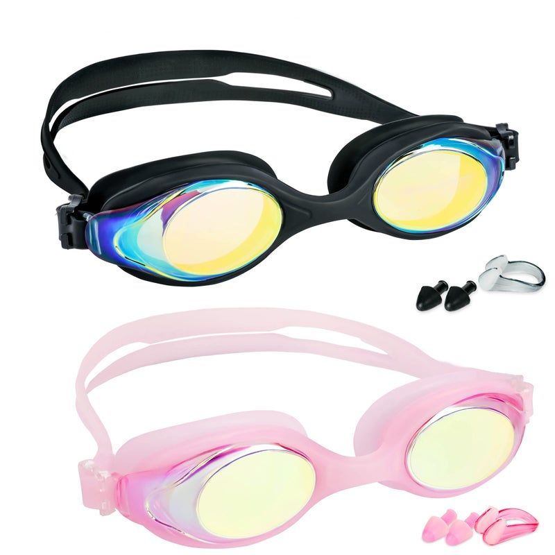 EWPJDK Kids Swim Goggles - 2 Pack Swimming Goggles Anti Fog Anti-UV No Leaking For Children Teens Boys & Girls Age 3-15 (Black & Pink) - Image 1