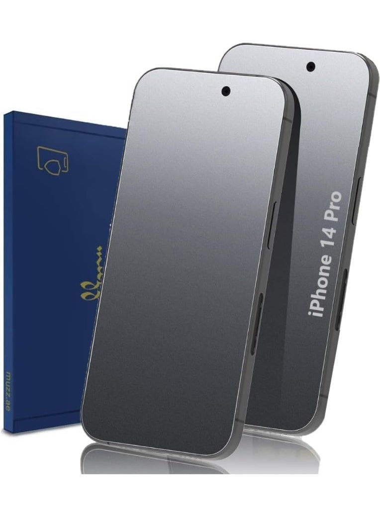 Muzz حماية شاشة غير لامعة شفافة 2 عبوة لجهاز آيفون 14 برو، مضادة للتوهج، مضادة للانعكاس، مضادة لبصمات الأصابع، ناعمة كالسيلك، زجاج مقسى 9H لعشاق الألعاب (آيفون 14 برو) - Image 1
