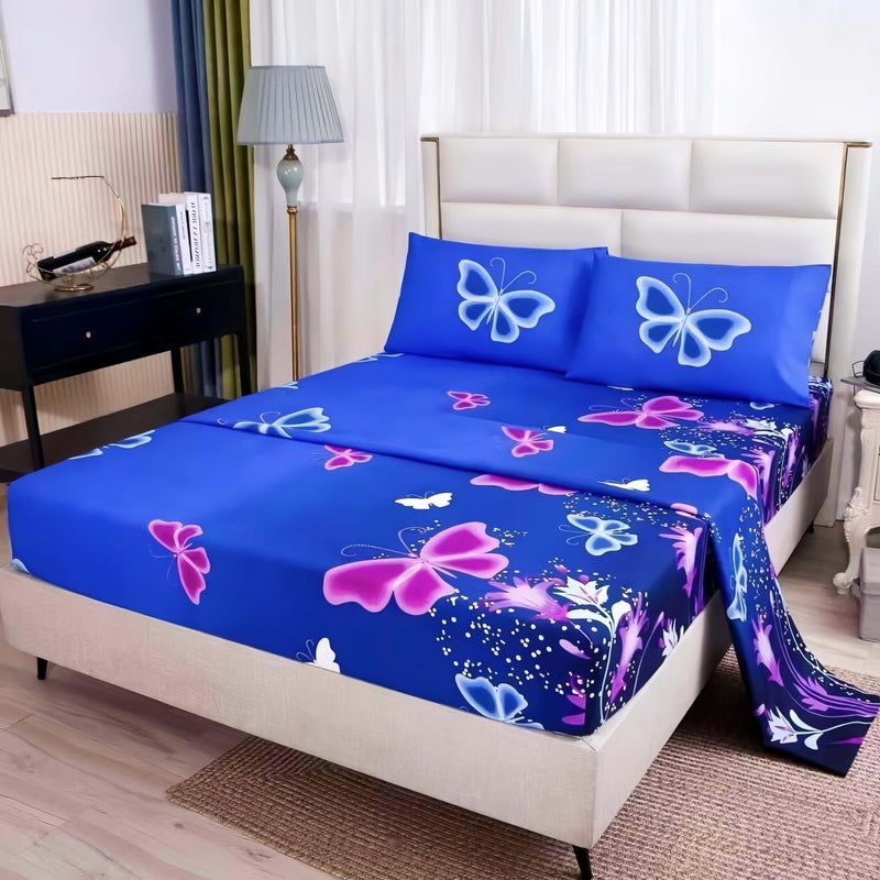 SDY 4PCS Butterfly Bedding Sheets Set Full Size Blue Vivid Butterflies Pattern Sheet Set with 1 Deep Pocket Fitted Sheet 1 Top Flat Sheet 2 Pillowcases for Kids Teens Adults ButterflyFull