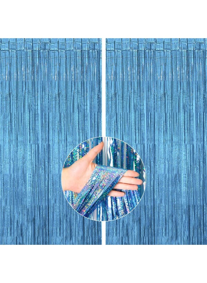 PartyWoo Foil Fringe Curtains Blue, 2 pcs 3.3x6.6 ft Blue Streamers, Fringe Backdrop, Tinsel Backdrop, Tinsel Curtain, Metallic Door Shimmer, Birthday Party Streamers, Photobooth  - Image 1