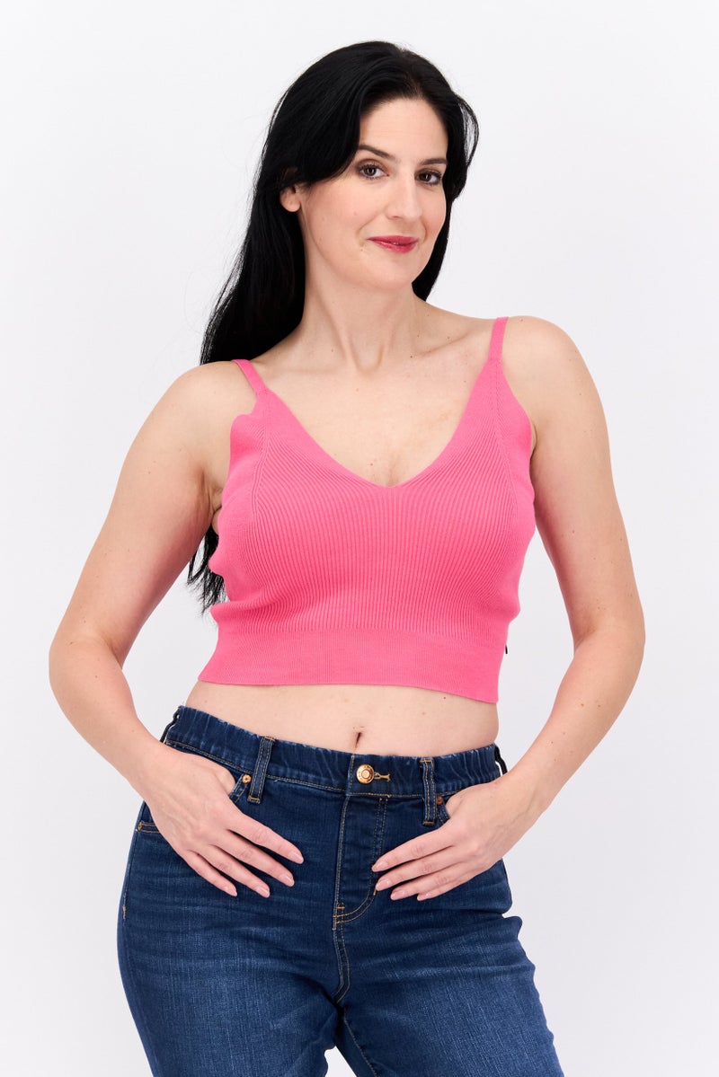 Scotch & Soda Women V-Neck Sleeveless Ribbed Tank Top, Dark Pink - Image 1