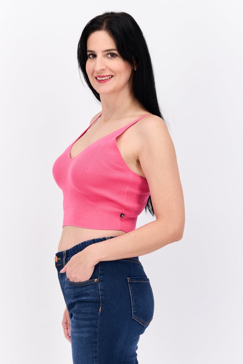 Scotch & Soda Women V-Neck Sleeveless Ribbed Tank Top, Dark Pink - Image 3