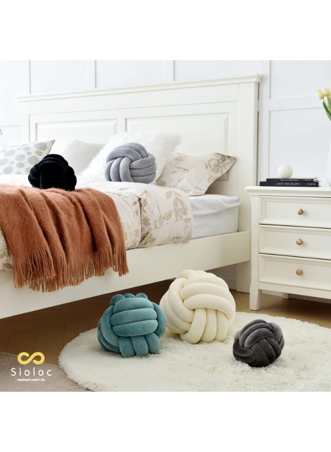 Soft Knotted Plush Ball Pillow, Handmade Round Throw Cushion, 7.8 inches, Ivory - Image 4