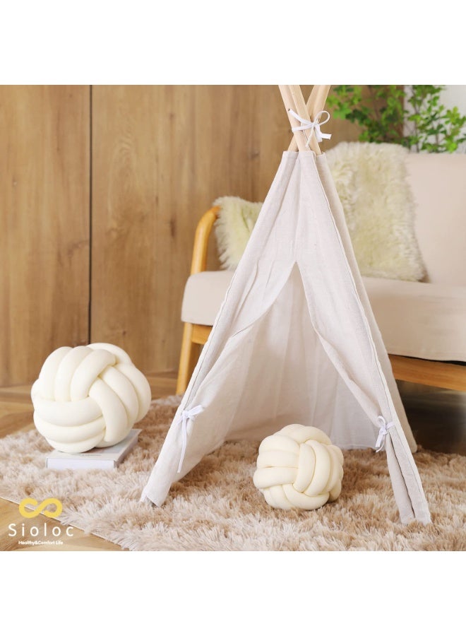 Soft Knotted Plush Ball Pillow, Handmade Round Throw Cushion, 7.8 inches, Ivory - Image 5