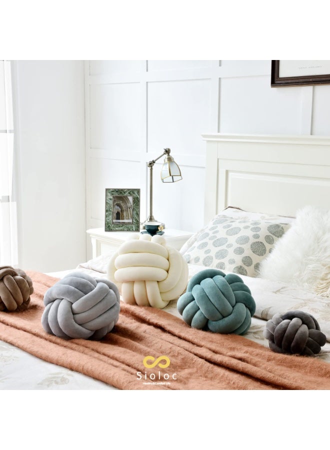 Soft Knotted Plush Ball Pillow, Handmade Round Throw Cushion, 7.8 inches, Ivory - Image 3