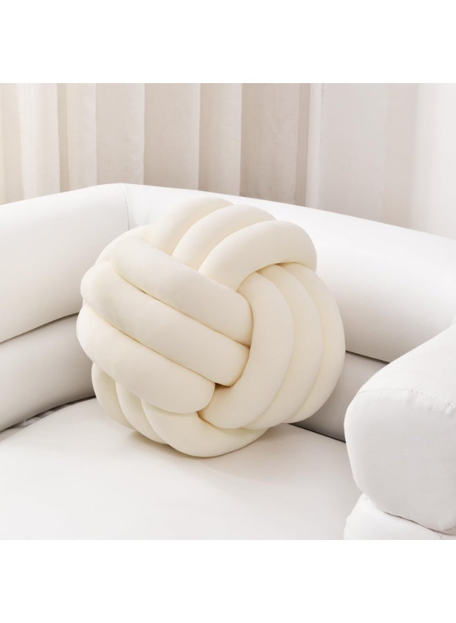 Soft Knotted Plush Ball Pillow, Handmade Round Throw Cushion, 7.8 inches, Ivory - Image 1