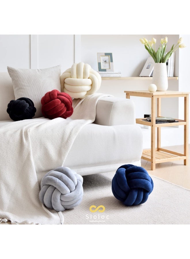 Soft Knotted Plush Ball Pillow, Handmade Round Throw Cushion, 7.8 inches, Ivory - Image 2