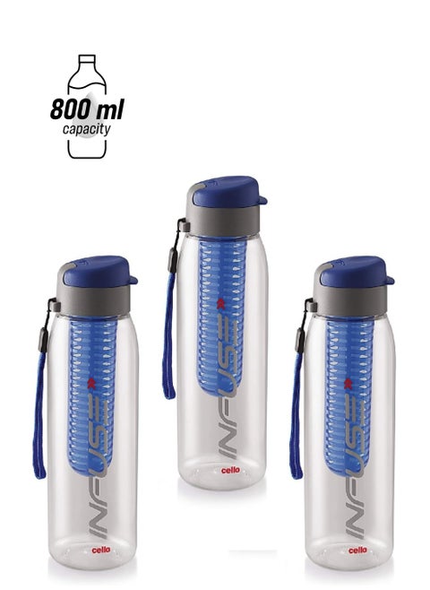 Infuse Plastic Water Bottle, 800ml, Set of 3, Blue
