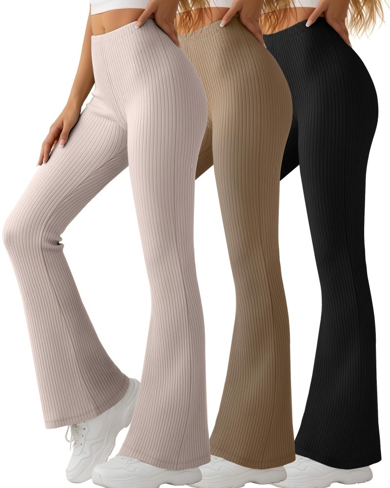 Yearntown 3 Pack Women's Ribbed Flare Yoga Pants High Waist Flare Leggings Casual Bell Bottoms Workout Soft Bootcut Leggings(Black, Coffee, Gray Apricot,Large) - Image 1
