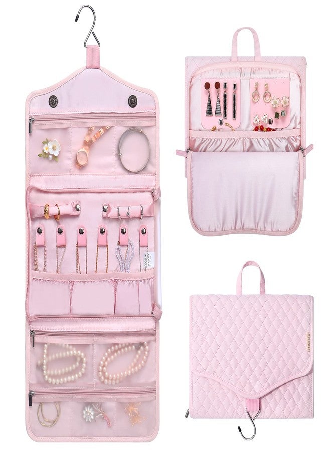 MOSISO Hanging Travel Jewelry Organizer Case, Foldable Portable Jewelry Organizer Bag with Hook & Handle for Necklace, Earrings, Rings, Bracelets and Daily Jewelries Carrying, Pink - Image 1