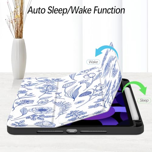 Xkladz Case for iPad Air 11 inch M4 (2026) / M3 (2025) / M2 (2024), iPad Air 5th / 4th Generation (2022/2020) 10.9 inch, Case with Pencil Holder, Clear Back Cover, Auto Sleep/Wake, Blue Flower - Image 3
