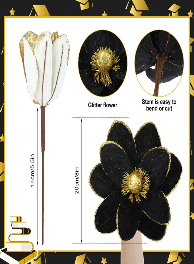 Giegxin 8 Pcs Glitter Black Gold Graduation Decorations Class of 2026 Flowers Black and Gold Centerpieces for Tables Artificial Magnolia Stems for College High School Grad Party Decor - Image 2