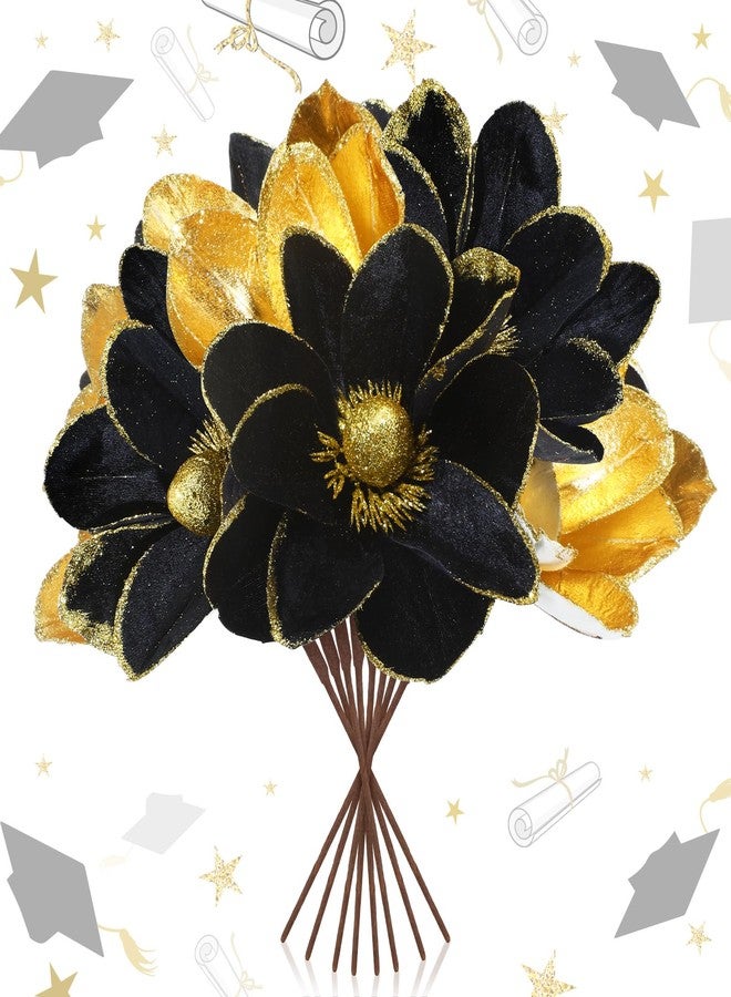 Giegxin 8 Pcs Glitter Black Gold Graduation Decorations Class of 2026 Flowers Black and Gold Centerpieces for Tables Artificial Magnolia Stems for College High School Grad Party Decor - Image 1