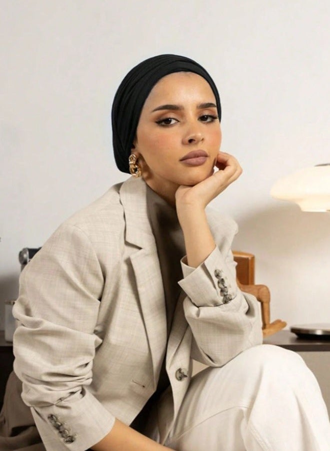 حجاب قطني بلون موحد للنساء، قابل للتعديل، مطاطي، عصابة رأس، ناعم، قابل للتنفس، للارتداء اليومي، لمناسبات العيد، للنزهات غير الرسمية، خفيف الوزن، مريح، للاستخدام طوال اليوم، أسود - Image 2