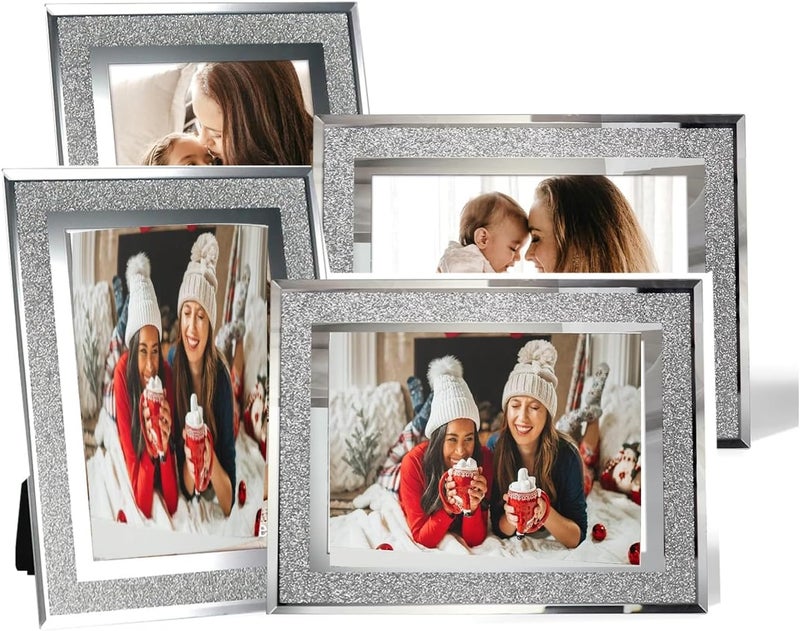 MIVIDE 4PCS 6x4 Photo Frames for Wall, Silver Crystal Picture Frames, Glass Picture Frames, Sparkly Photo Frame for Wedding Vertically or Horizontally Display Storage transit efficiency build - Image 1