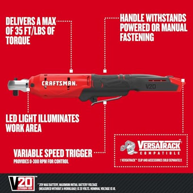 CRAFTSMAN V20 Cordless Ratchet Wrench Kit, 3/8 Inch Drive, 300 Rpm, Up To 35 Ft-Lbs Of Torque, Battery And Charger Included (Cmcf930D1) - Image 2