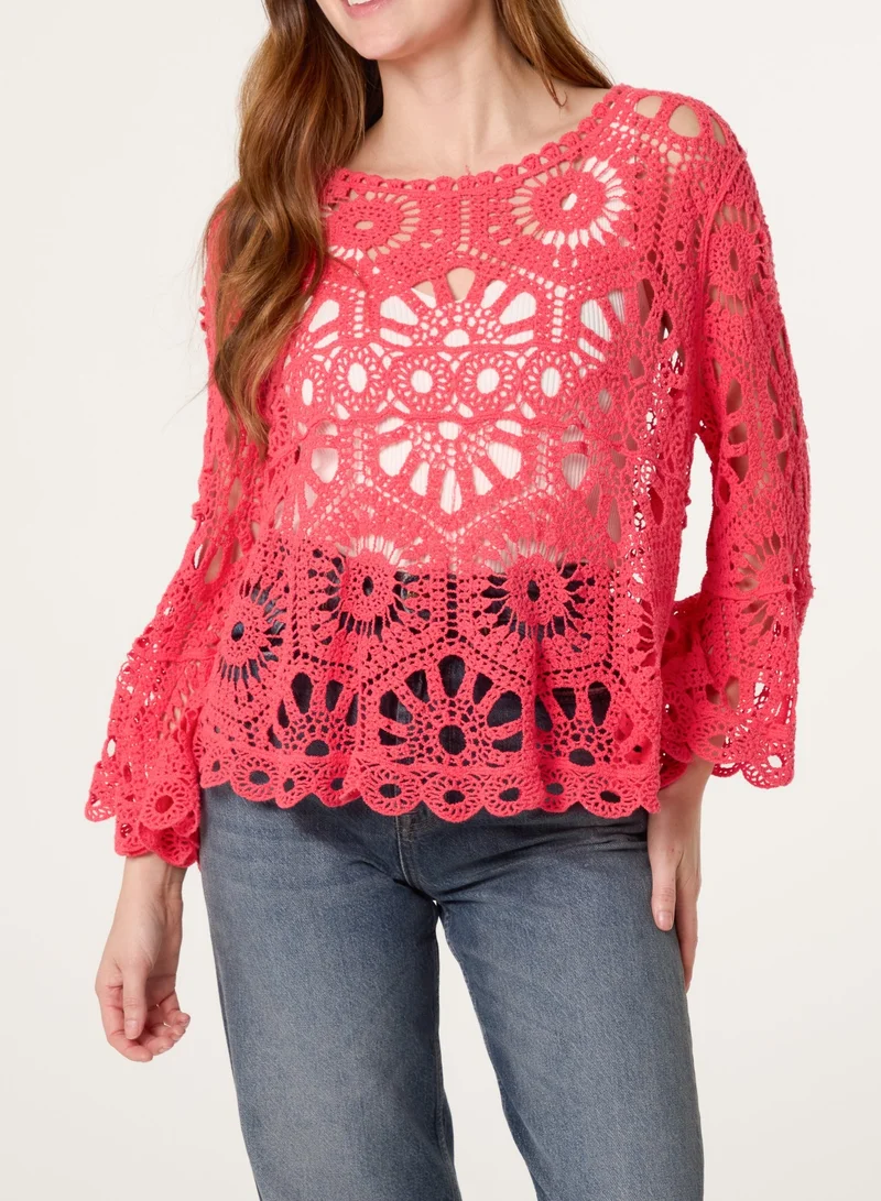 Blue Vanilla Crochet Top With Flared Sleeves