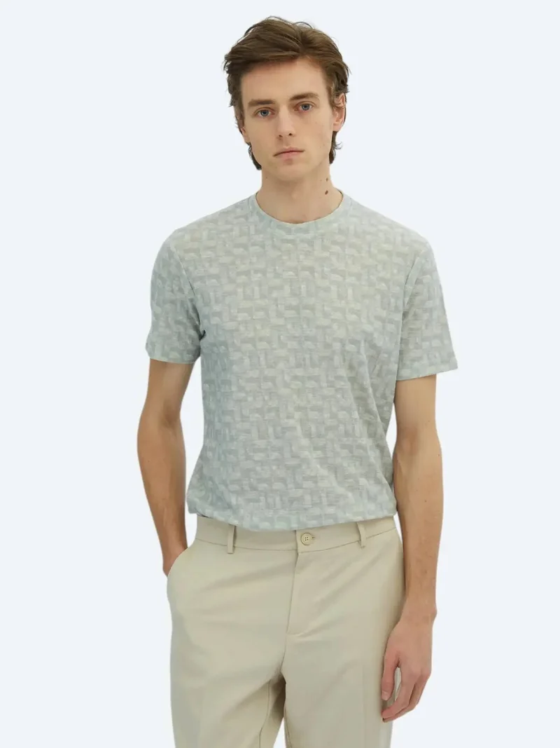Kip Light Khaki Printed Crew Neck Cotton Blended T-Shirt