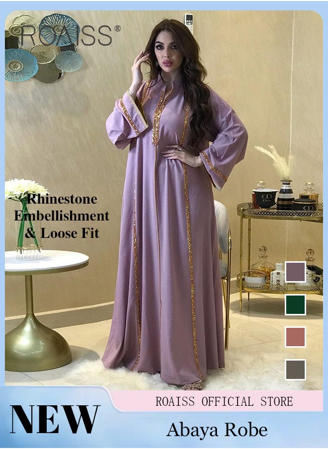 roaiss - Abaya Muslim Lightweight Casual Dress for Women Diamond Studded Webbing Loose Long Skirt with Large Hem - Image 1