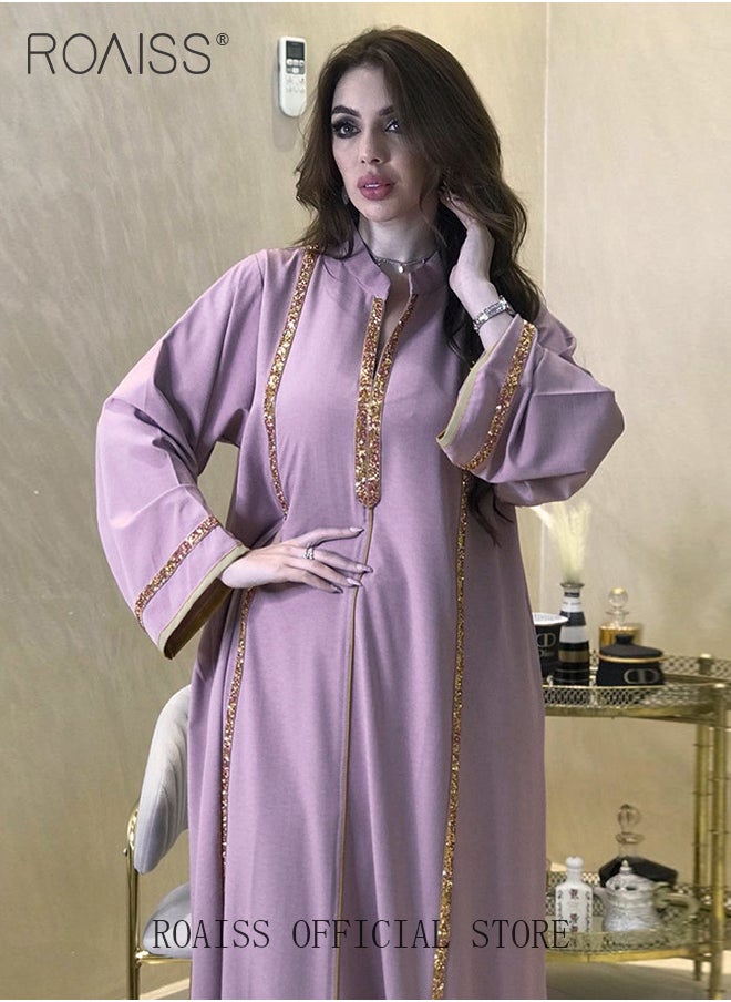roaiss - Abaya Muslim Lightweight Casual Dress for Women Diamond Studded Webbing Loose Long Skirt with Large Hem - Image 1