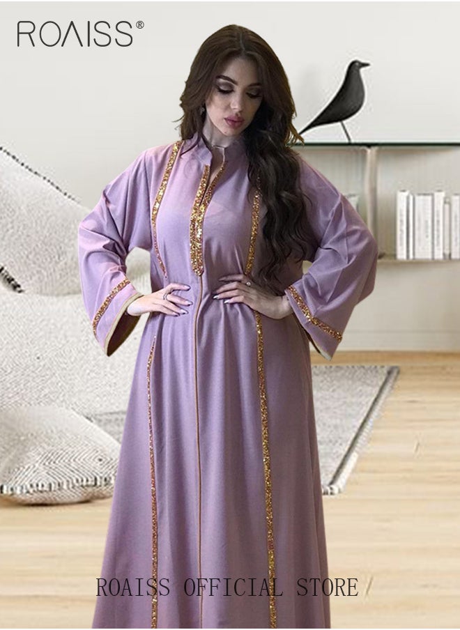 roaiss - Abaya Muslim Lightweight Casual Dress for Women Diamond Studded Webbing Loose Long Skirt with Large Hem - Image 1