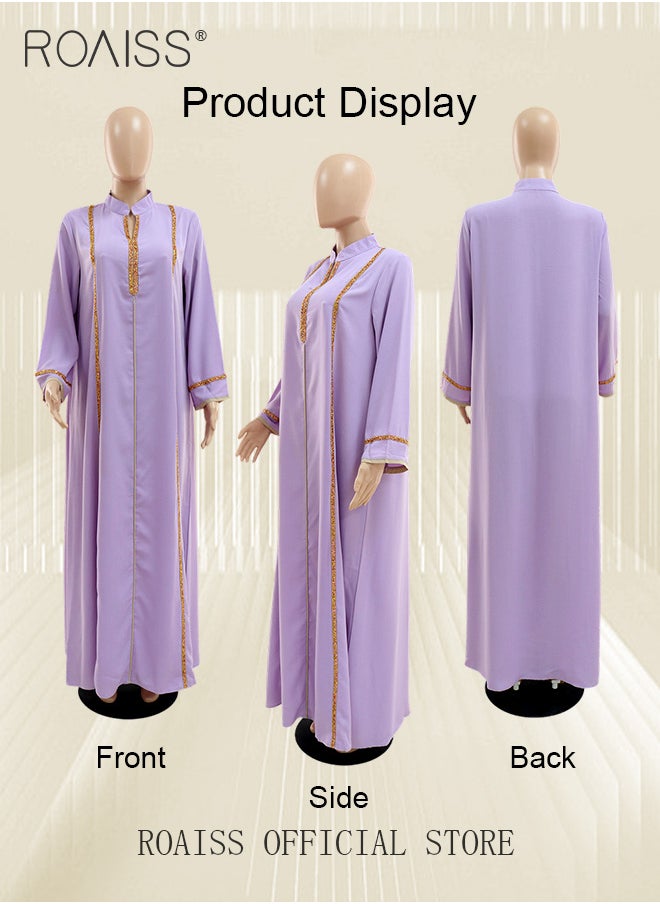 roaiss - Abaya Muslim Lightweight Casual Dress for Women Diamond Studded Webbing Loose Long Skirt with Large Hem - Image 1