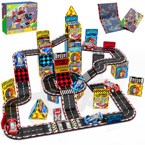 Magnetopia Magnetic Tiles Road Set Magnet Tiles Race Track Magnetic Car Racing Tile for Kids Ages 48 57 Toddler Magnet Building Toys STEM Learning Sensory Birthday Gifts for 3 Years Old Boys Girls - Image 1