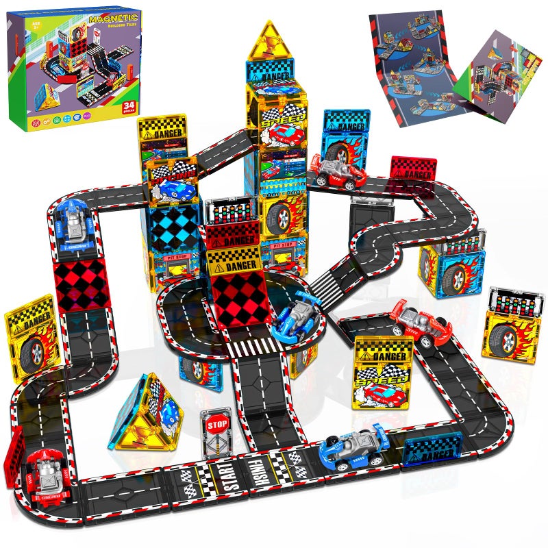 Magnetopia Magnetic Tiles Road Set Magnet Tiles Race Track Magnetic Car Racing Tile for Kids Ages 48 57 Toddler Magnet Building Toys STEM Learning Sensory Birthday Gifts for 3 Years Old Boys Girls - Image 3