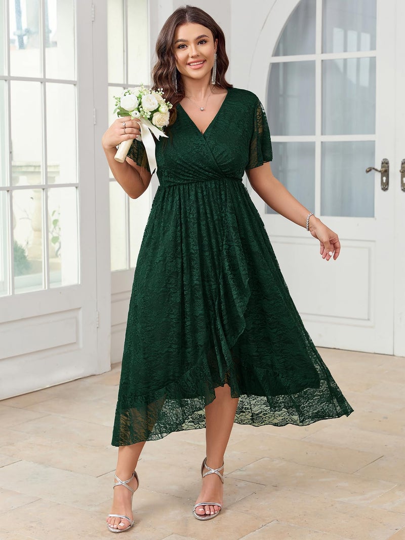 SCOMCHIC Womens Plus Size Wedding Guest Dress Formal Lace Wrap V Neck High Low Short Sleeve Cocktail Maxi Dresses XL-4XL Emerald Green - Image 2