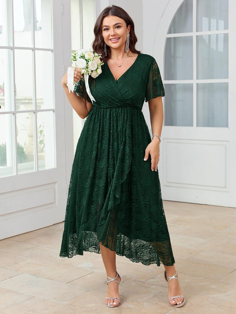 SCOMCHIC Womens Plus Size Wedding Guest Dress Formal Lace Wrap V Neck High Low Short Sleeve Cocktail Maxi Dresses XL-4XL Emerald Green - Image 5