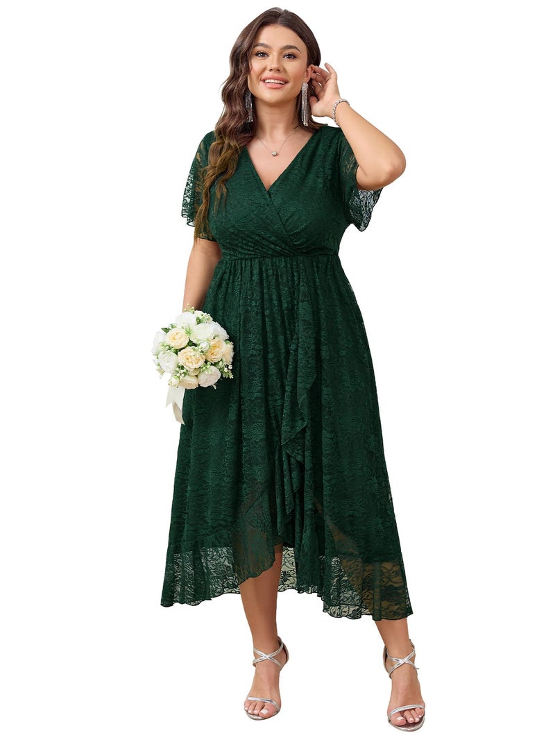 SCOMCHIC Womens Plus Size Wedding Guest Dress Formal Lace Wrap V Neck High Low Short Sleeve Cocktail Maxi Dresses XL-4XL Emerald Green - Image 1