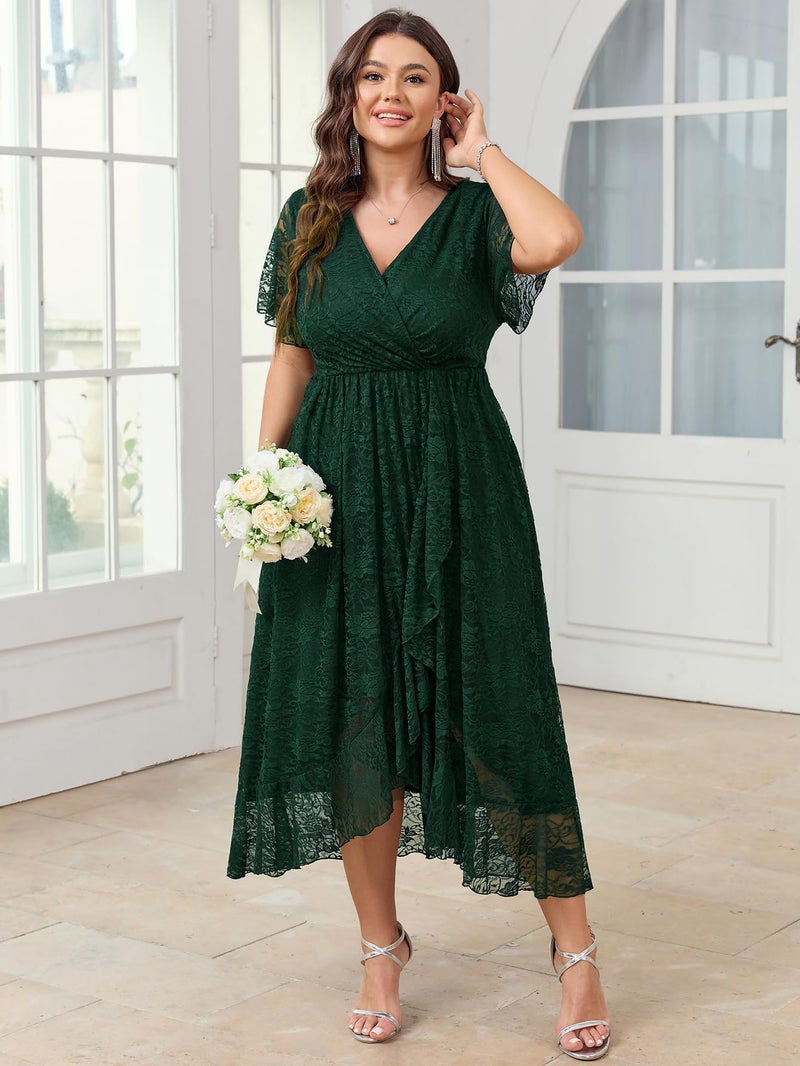 SCOMCHIC Womens Plus Size Wedding Guest Dress Formal Lace Wrap V Neck High Low Short Sleeve Cocktail Maxi Dresses XL-4XL Emerald Green - Image 3