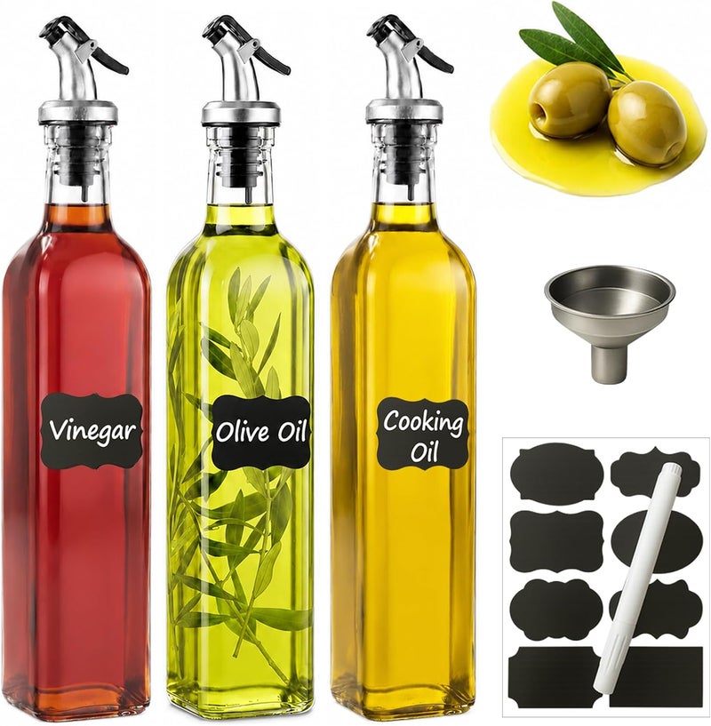 WERTIOO Olive Oil Dispenser Bottle, 3Pack 17 OZ Glass Oil Dispenser for Kitchen with 4 Pourer,1 Stainless Steel Funnel & 1 Pen and 8 Label for Kitchen (500ml) - Image 1