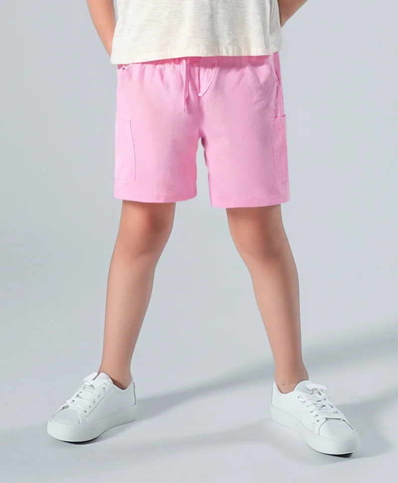 Primo Gino Primo Gino 100% Cotton Woven Knee Length Elasticated Waistband Solid Shorts with Pocket Detailing - Light Pink