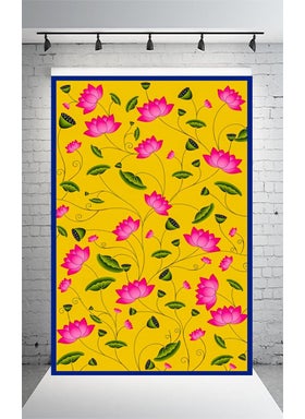 DHARA CREATION Dhara Traditional Yellow Backdrop with Flowers Cloth for Pooja Decoration Traditional Background Curtain Cloth 8 Feet Height 5 Feet Width Washable Fabric  - Image 1