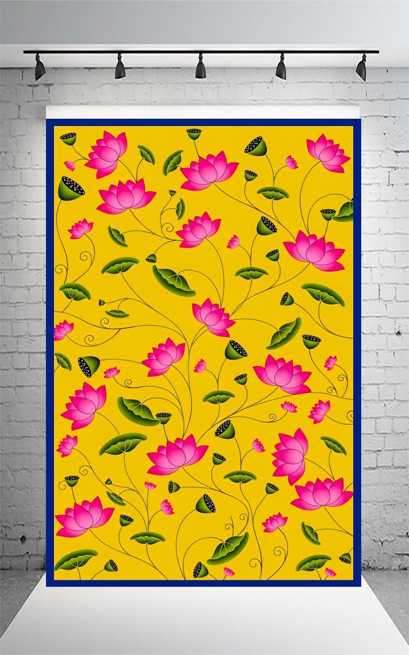 DHARA CREATION Dhara Traditional Yellow Backdrop with Flowers Cloth for Pooja Decoration Traditional Background Curtain Cloth 8 Feet Height 5 Feet Width Washable Fabric - Image 1